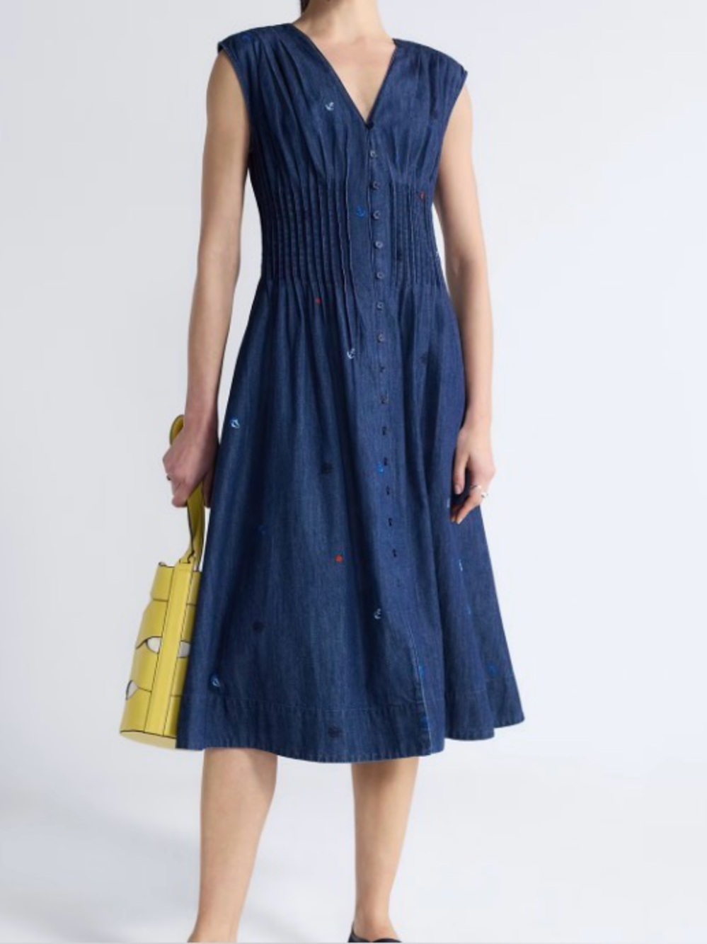 Free Assembly Navy Sleeveless Button-Front Midi Dress with Subtle Embroidery
